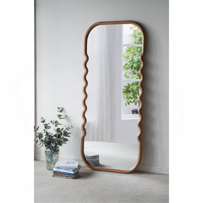 31.4X1.4X74" Oversized Wooden Floor Mirror With Unique Brown Frame