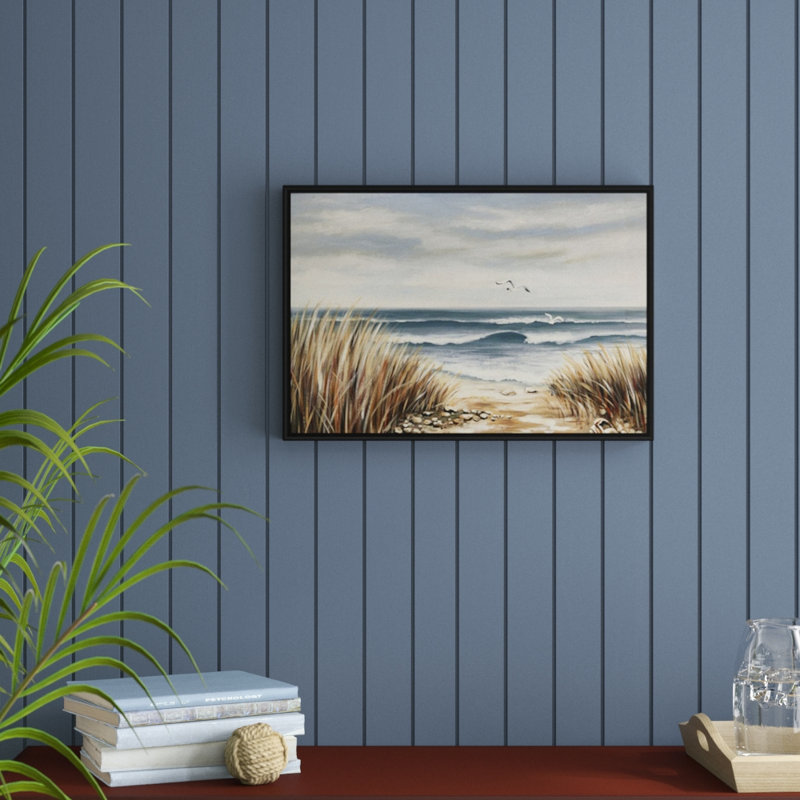 « seascape beach », peinture sur toile, H 17,7 po x l 25,7 po x p 1,75 po, Cadre flottant noir