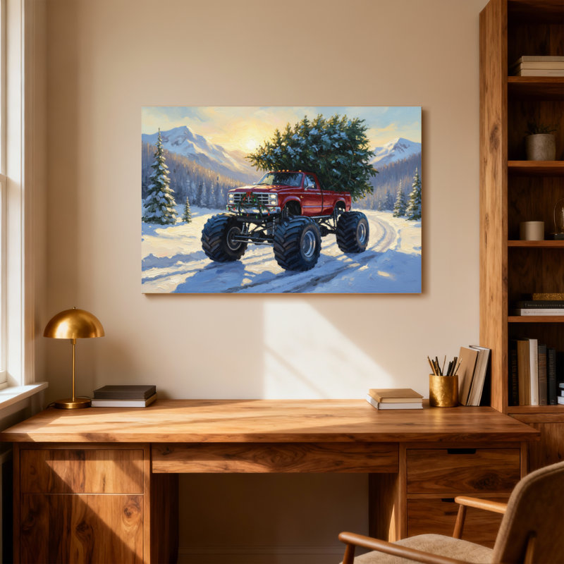 Scène d'hiver de Noël camion rouge Snowy Mountains, H 20 po x l 30 po
