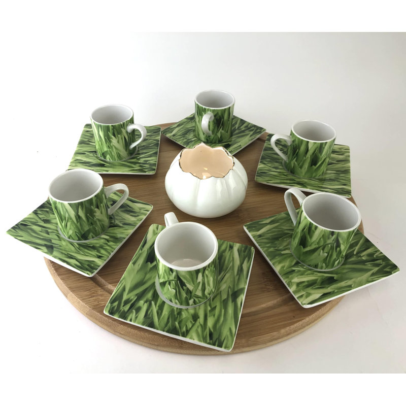 Ensemble de 6 tasses à thé avec soucoupes carrées en porcelaine tendre et herbe Victoria Victoria