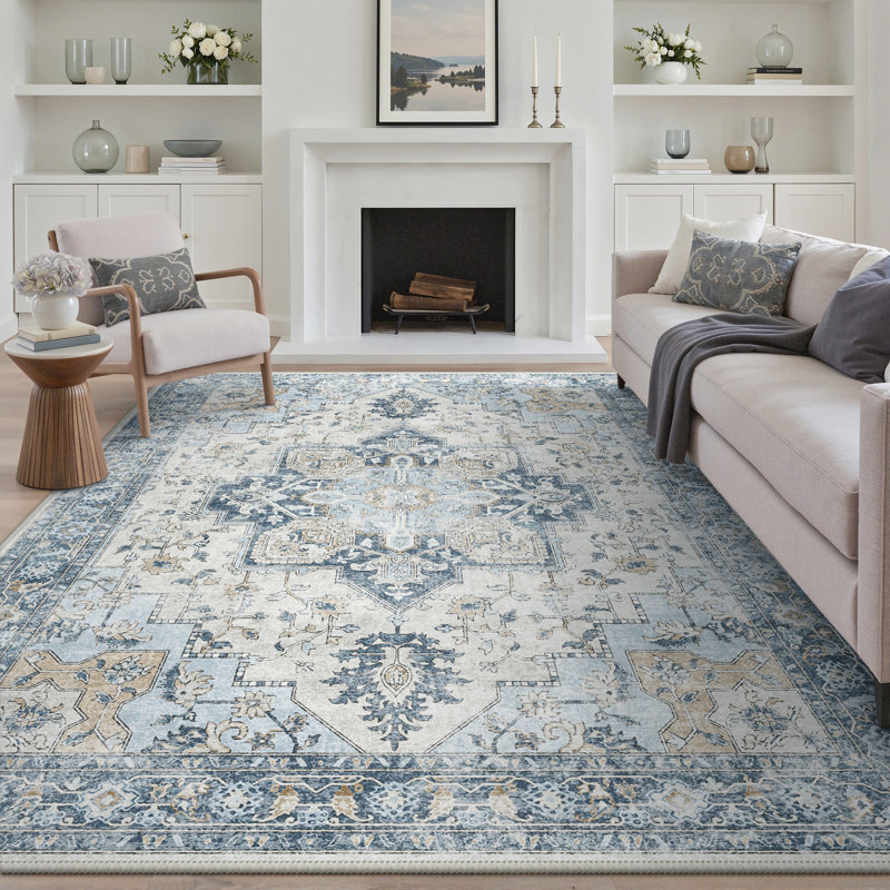 Tapis bleu / beige Roehit Performance lavable à la machine avec sous-tapis antidérapant, Rectangulaire 8 pi x 10 pi, Bleu