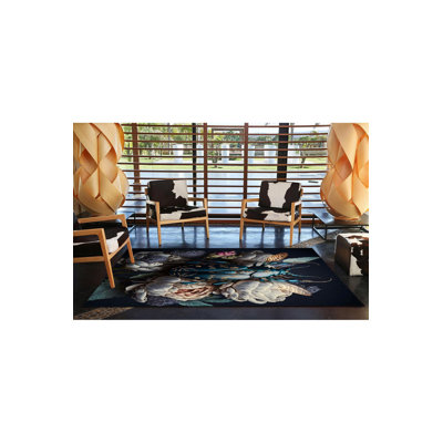 Black Insect Butterfly Patterned Washable Rug