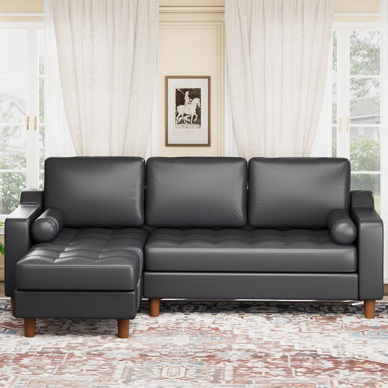 89" Leather Sofa with Convertible Chaise, Mid Century Modern L-Shape Couch with Deep Seat, Sectional Leather Couch for Living Room, Lounge