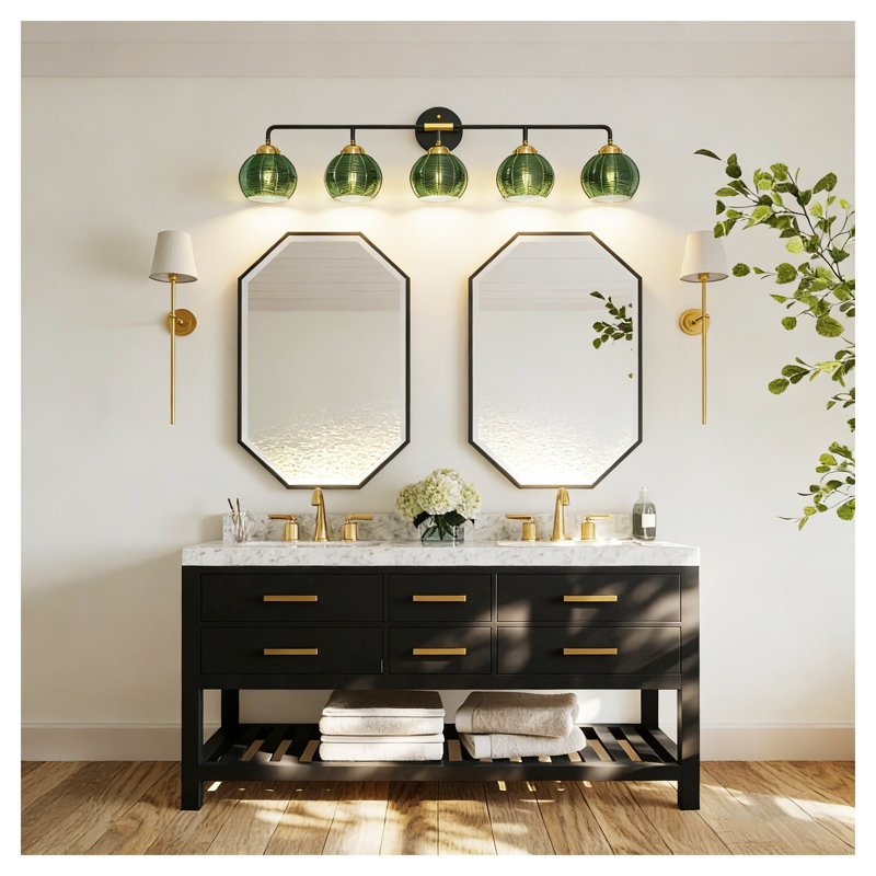 Modern 5-Light Bathroom Vanity Light with Green Ribbed Glass Shades, Black and Gold Metal Wall Sconce for Over Mirror