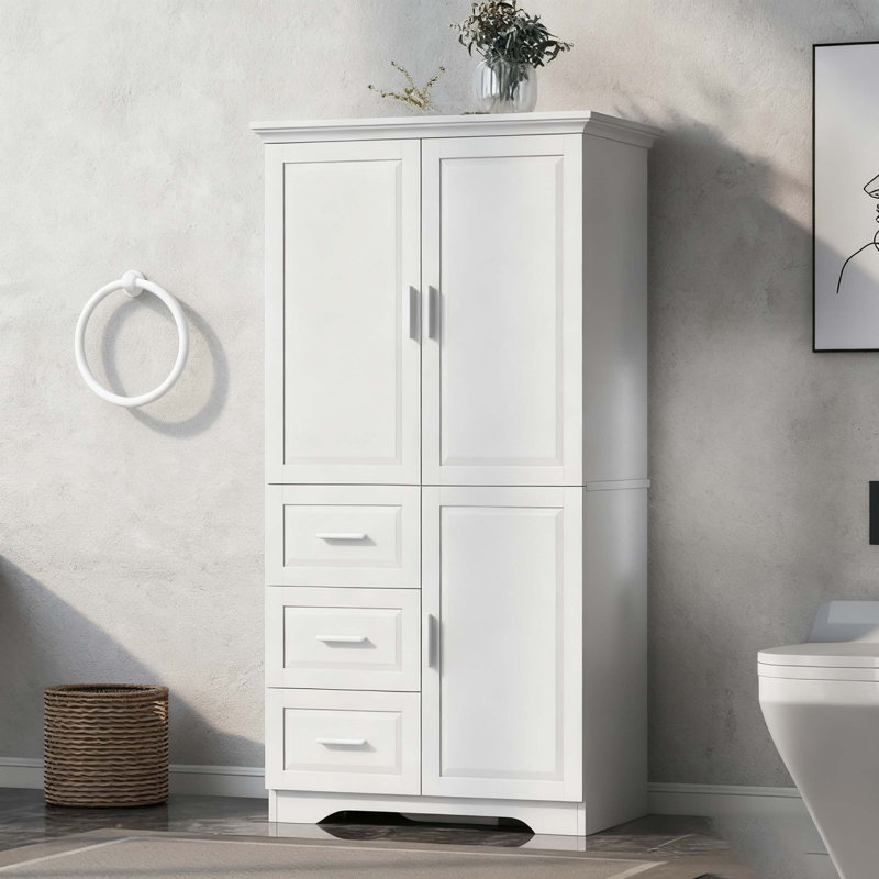 Armoire de rangement haute et large avec portes pour salle de bain / bureau, trois tiroirs, blanc