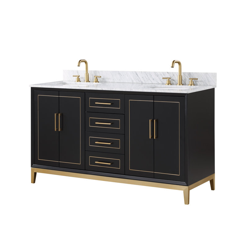 Gracie 60'' Double Bathroom Vanity with Top, Midnight Black, Carrara Marble