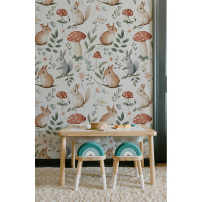 Papier peint à motif de chambre d'enfant Gurkirat Woodland Bunny and Mushroom