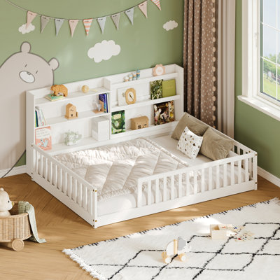 Montessori Floor Bed with Bookshelf & Safety Rails