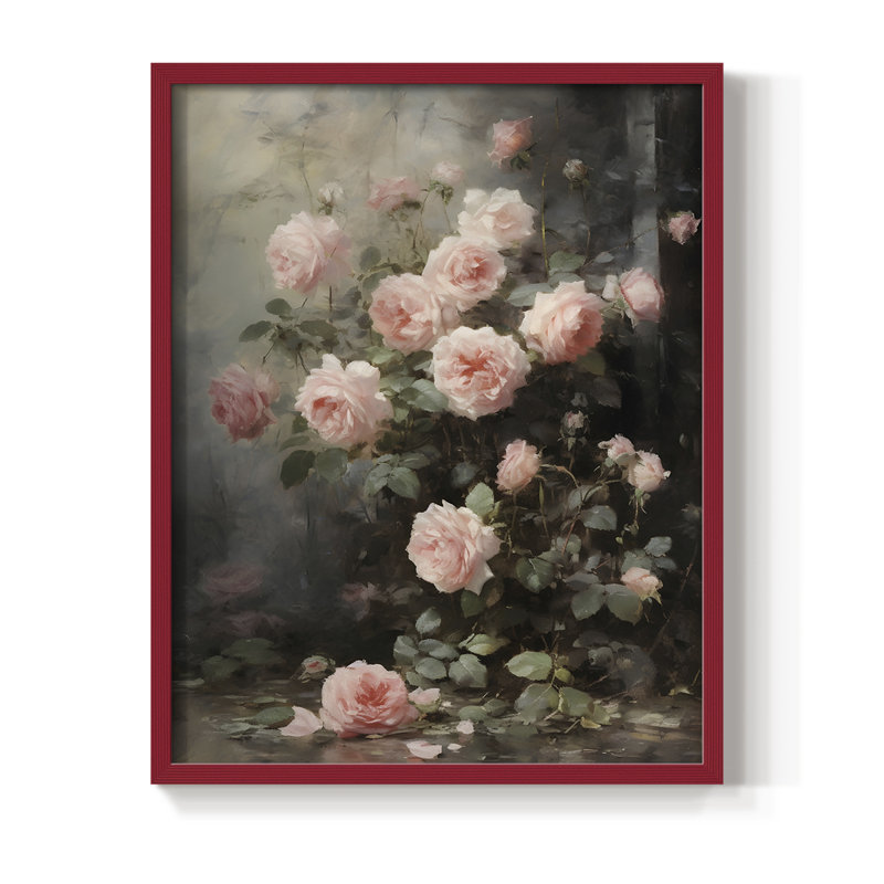 Reproduction florale rétro encadrée Ccii - bois massif, H 11 po x l 9 po, Rouge