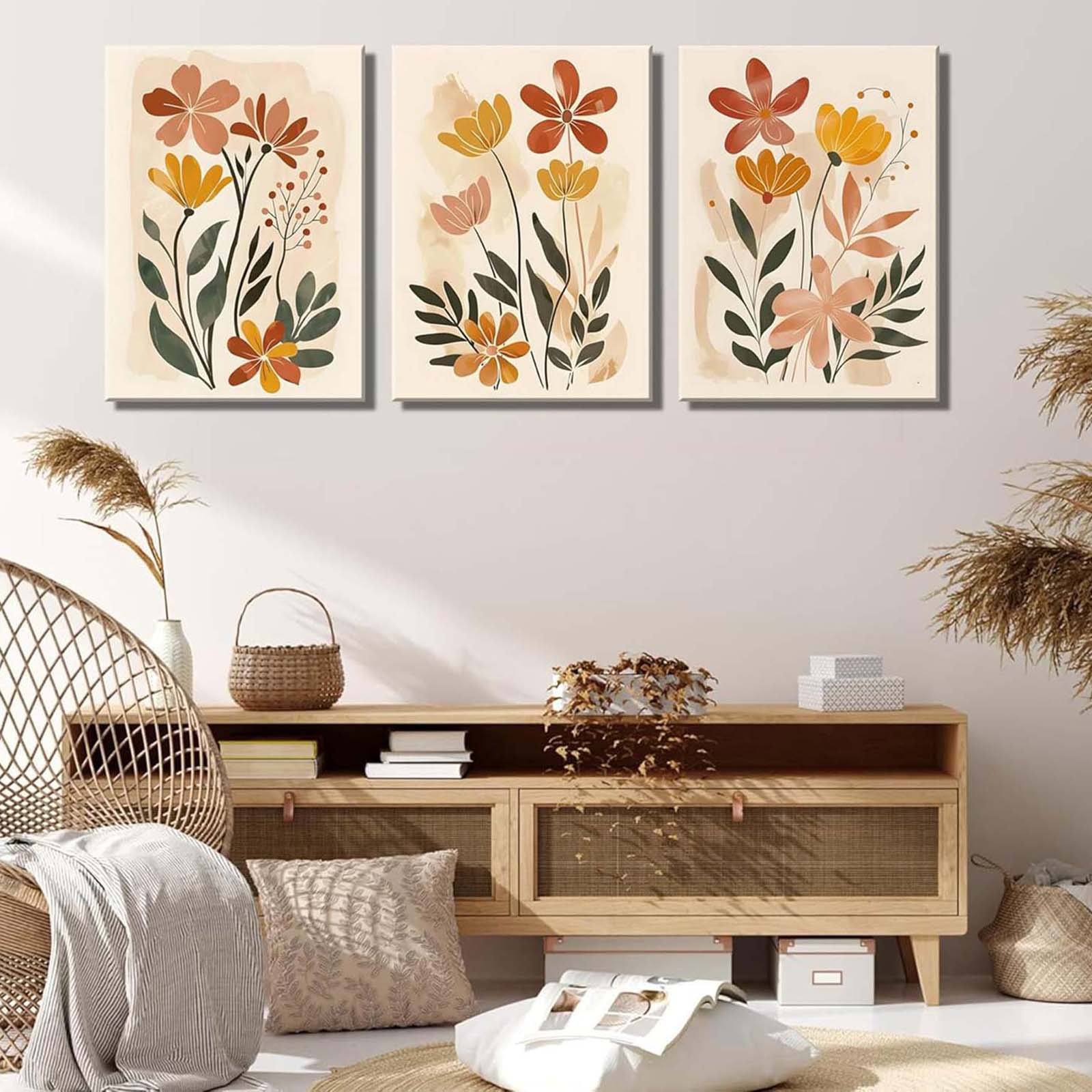 Dakota Fields 3Pcs Boho Floral Plant Canvas Wall Art Eclectic Flower ...