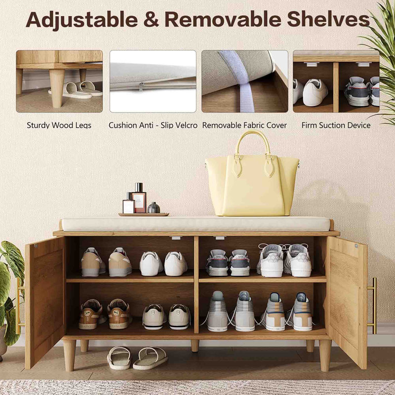 Rattan Shoe Storage Bench with Cushion