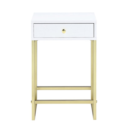 1 Side Table In White And Brass, Rectangular Style For Greenhouse, Metal Glide Drawer Convenience Any Room, Smooth