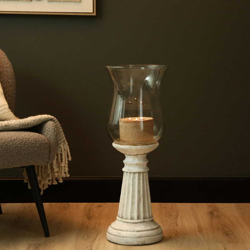 Dianella Antique White Natural Stone Hurricane Candle Holder, Glass Tabletop Candlestick Holders