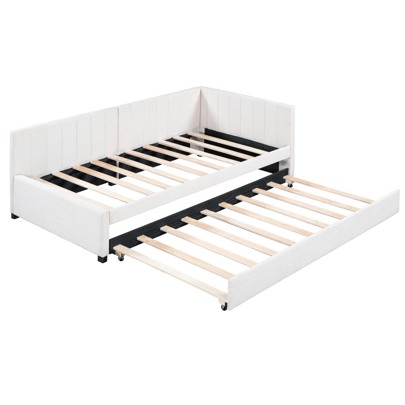 Lit de jour rembourré simple avec lit gigogne, lin beige, pas de sommier requis, tissu en lin