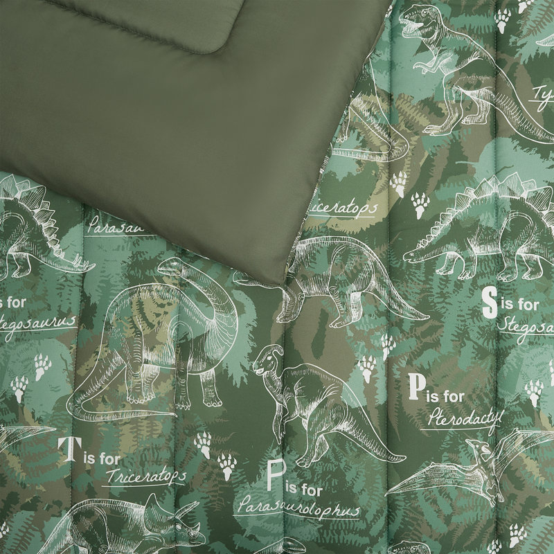 Dino Forest Green and White Microfiber Twin Comforter Set