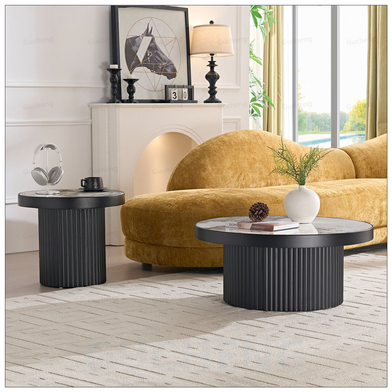 Ensemble de 2 tables basses rondes en MDF avec plateau en pierre frittée, élégantes et durables pour les salons et les appartements