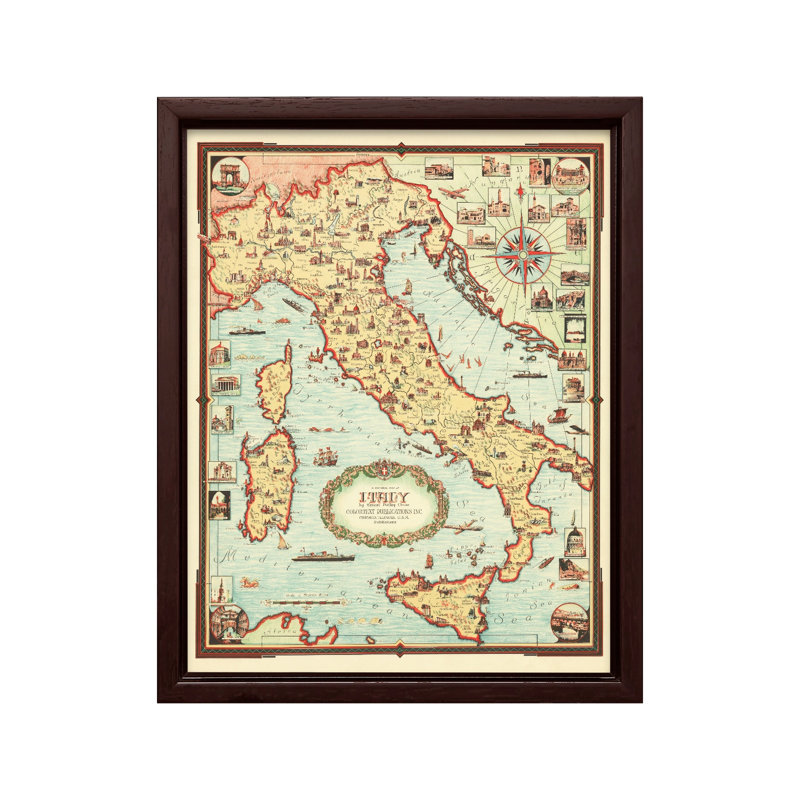 Carte illustrée de l'Italie, Canevas, H 11 po x l 14 po, Encadrement brun
