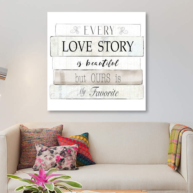 « every love story », art textuel sur toile, H 37 po x l 37 po x P 1,5 po, Pas de tapis, Toile tendue