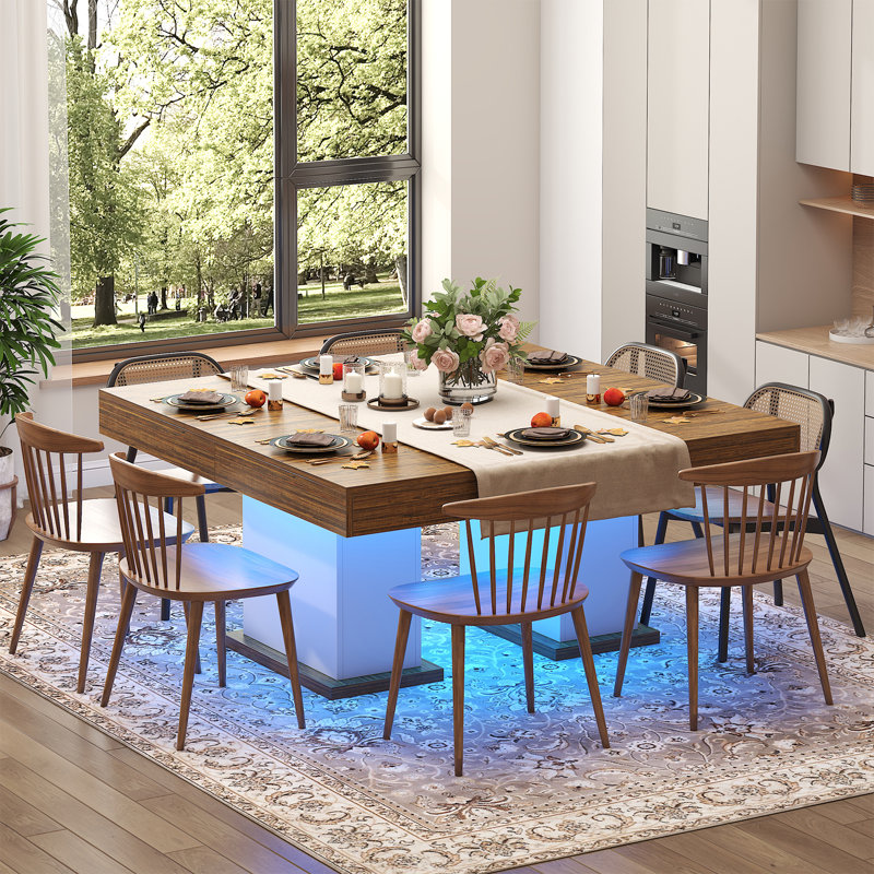 Dining Table with 2 Drawers, Modern Farmhouse Rectangular Kitchen Table for 6, Long Dining Room Tables with Led Strip for Kitchen Living Room (White& Rustic Brown)