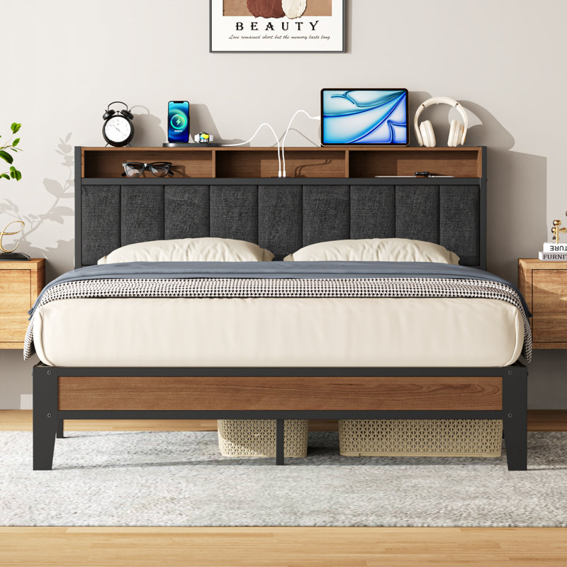 Upholstered Bed Frame with Charging Station and Storage Headboard, Gray, Queen