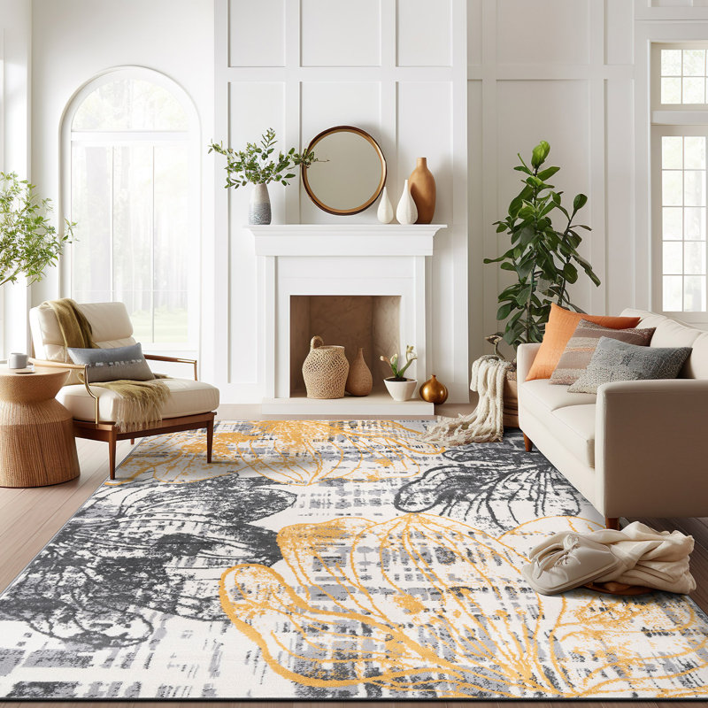 Dionta Abstract Floral Area Rug, Rectangle 5' x 7', Yellow