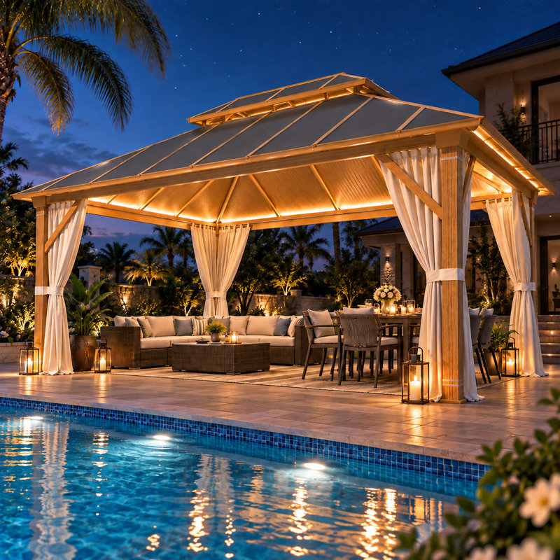 14 Ft. W x 12 Ft. D Outdoor PRO Premium Hardtop Gazebo with Aluminum Frame & Double Galvanized Steel Roof, Heavy Duty Permanent Pavilion with Netting & Curtains for Patio, Lawn, Deck