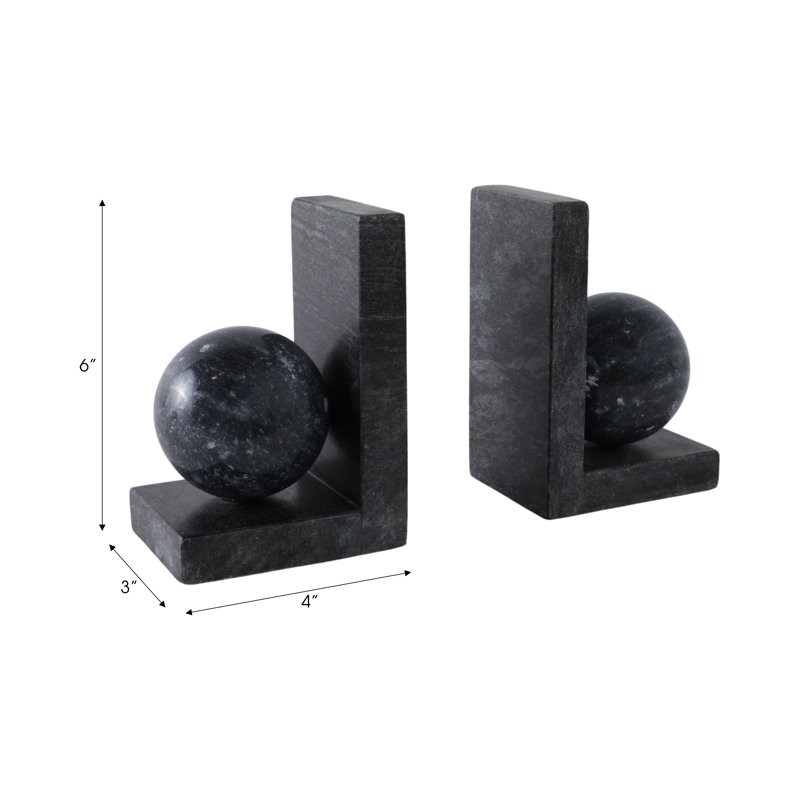 Set Of 2 6" Marble Bookend With 3" Orb, Black