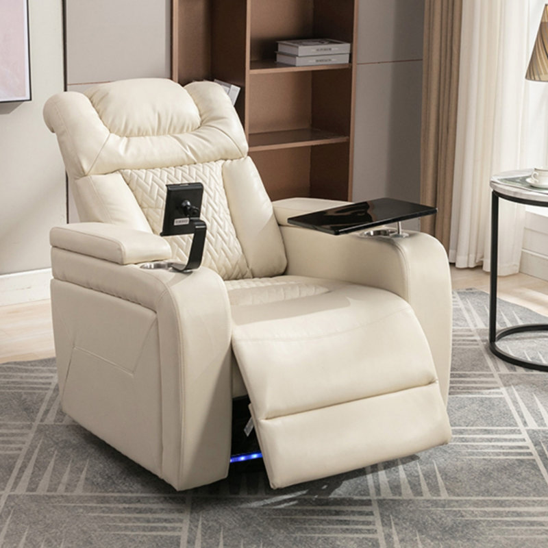 270 Degree Swivel PU Leather Power Recliner With Tray Table, Phone Holder, Cup Holders, USB Port, And Hidden Arm Storage For Home Theater, Recliner