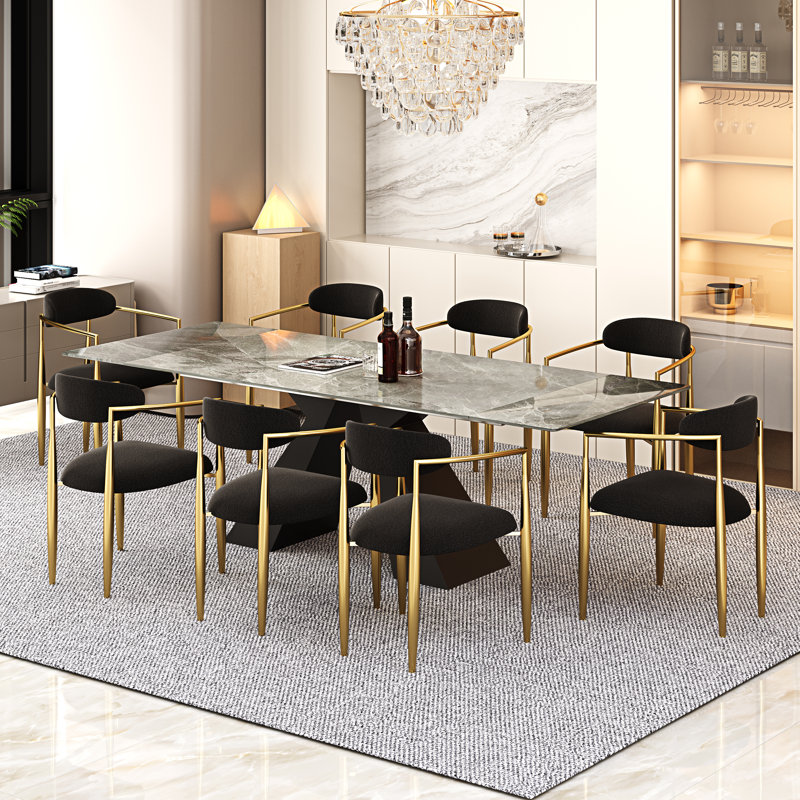 Ensemble de table de salle à manger 9 pièces avec table de salle à manger extensible en pierre frittée de 94,5 po et 8 chaises en tissu