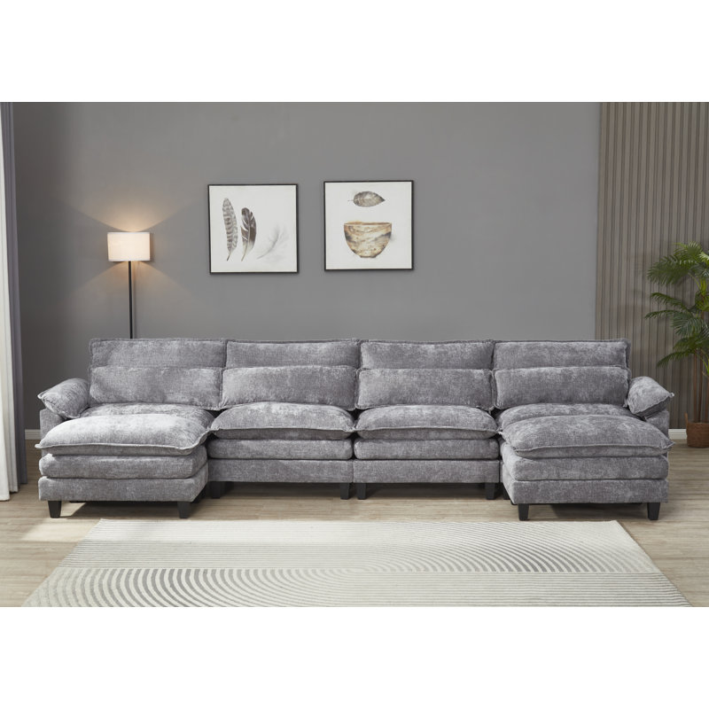 Asher U-Shape Sectional Sofa, 150.4" Wide Chenille  Sofa with USB, Gray Chenille