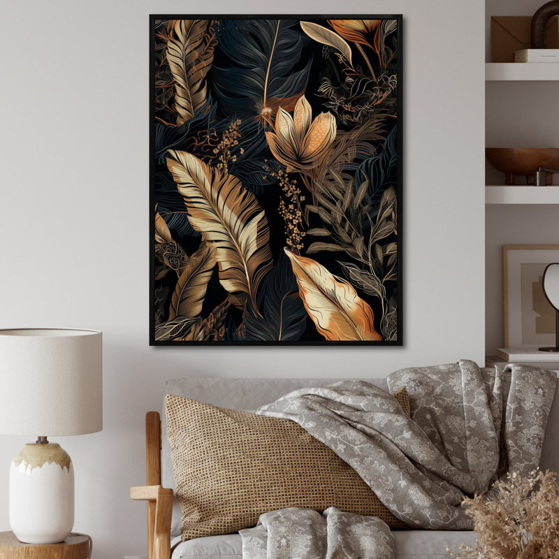 Feuille d'or tropicale sérénade II - impression, H 20 po x l 12 po x P 1 po, Cadre flottant noir