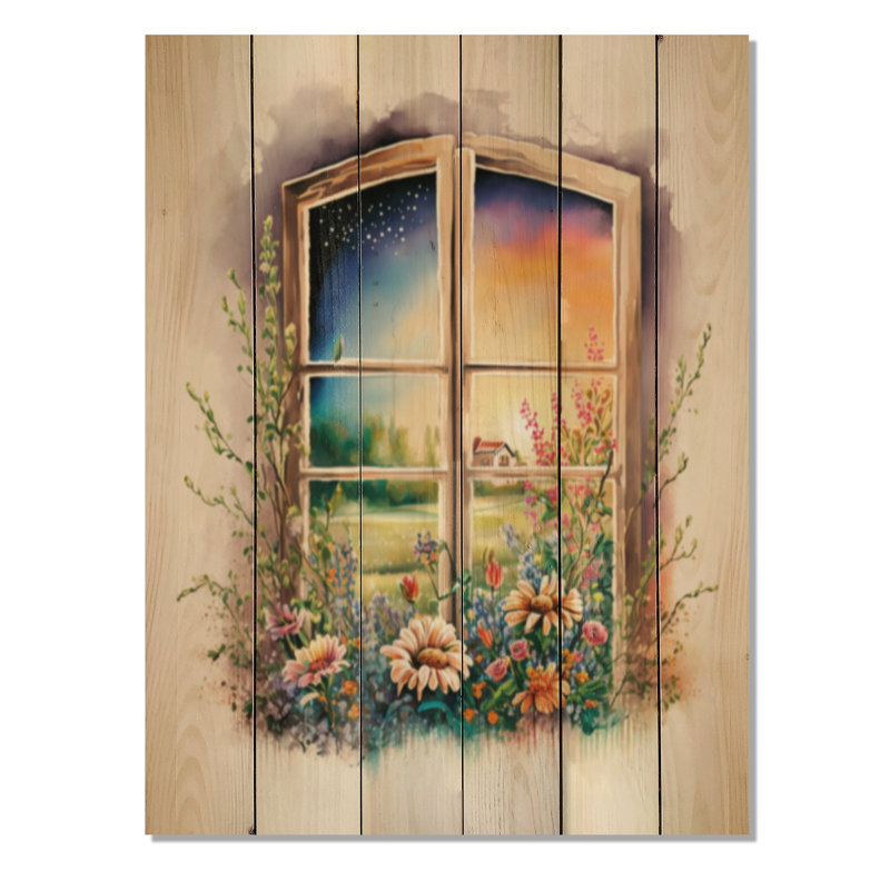 Été coucher de soleil floral fenêtre I sur bois, H 40 po x l 30 po x P 0,78 po