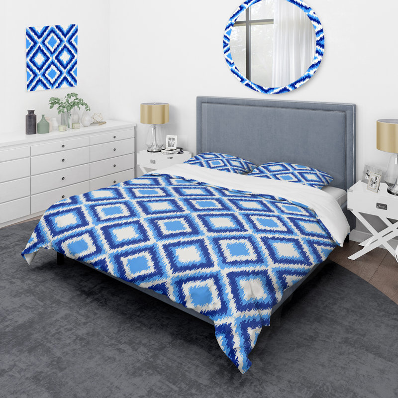 Blue Ikat Ogee - Ensemble de housse de couette abstrait - Microfibre de polyester