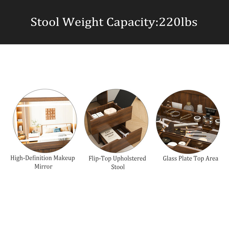 3-In-1 Vanity Desk With Lighted Mirror & Stool, Flip Top Makeup Dressing Table, Compact Storage For Bedroom, Bathroom, Dressing Room(23.62"L)