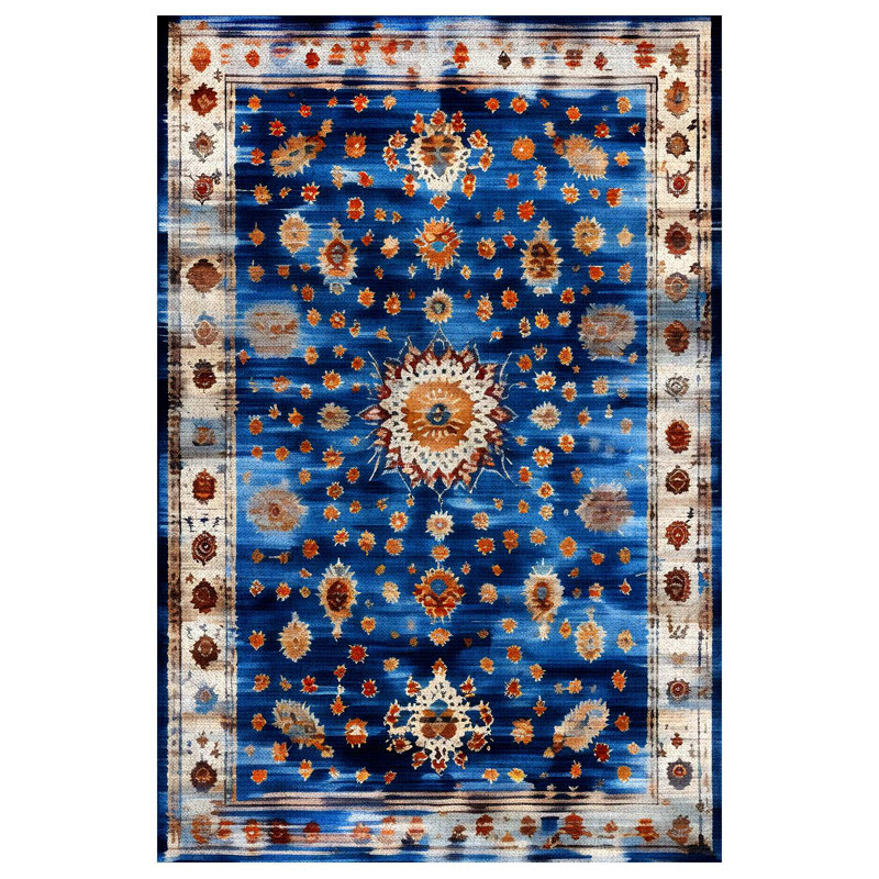 Nouvelle Collection Digital Print Cotton-Polyester Navy Blue Moroccan Rug, Rectangle 4' x 6'7"