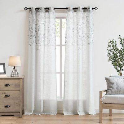 Leaf Floral Print Metallic Sheer Window Curtain Panel For Rustic Living Room Bedroom Sparkling Decorative 6 Grommets Top Drape Panels Farmhouse Curtains