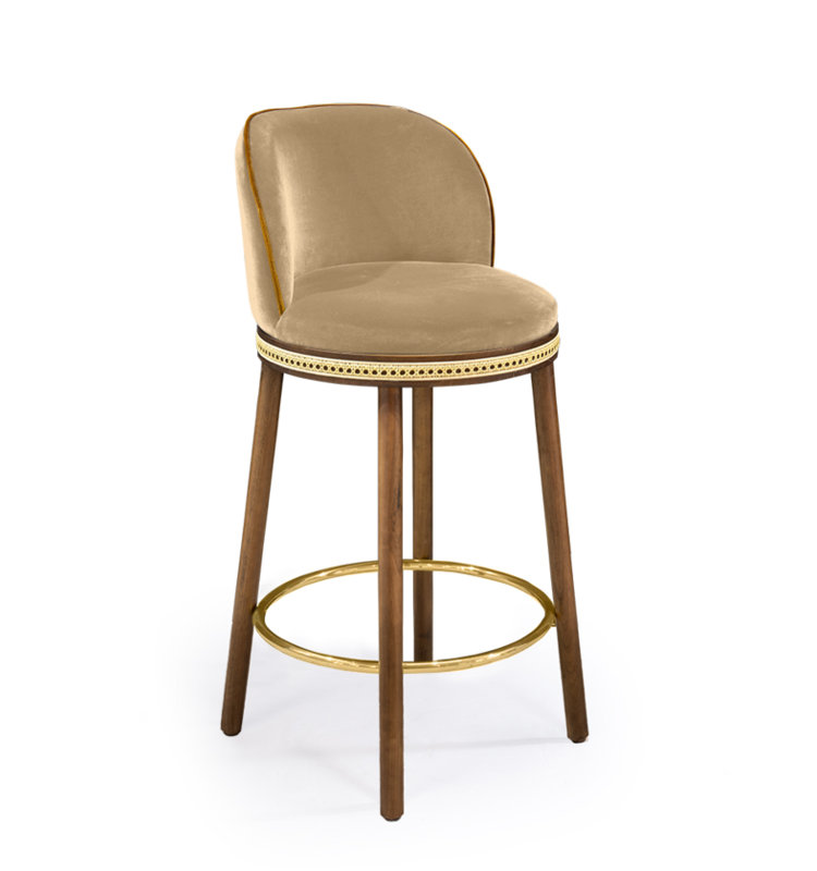 Alma Upholstered Stool with Solid Wood Frame, Bar Stool (30" Seat Height), Fire, Satin Brass