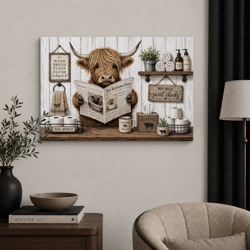 Highland Cow, salle de bain humoristique, œuvre d'art campagnard, H 24 po x l 36 po x P 1,5 po, Toile tendue