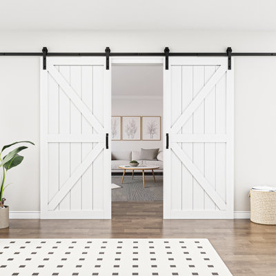 84"H × 72"W Double Modern K Shape Primed Sliding Barn Door with Installation Hardware Kit