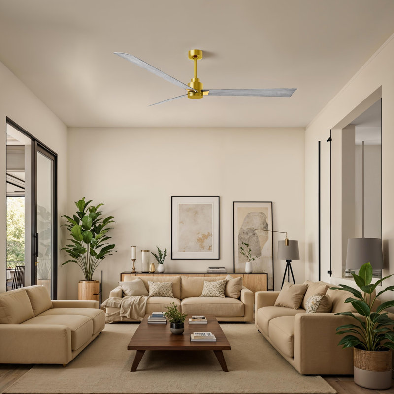 Alessandra Outdoor Downrod Ceiling Fan, Brushed Brass, Barn Wood Tone