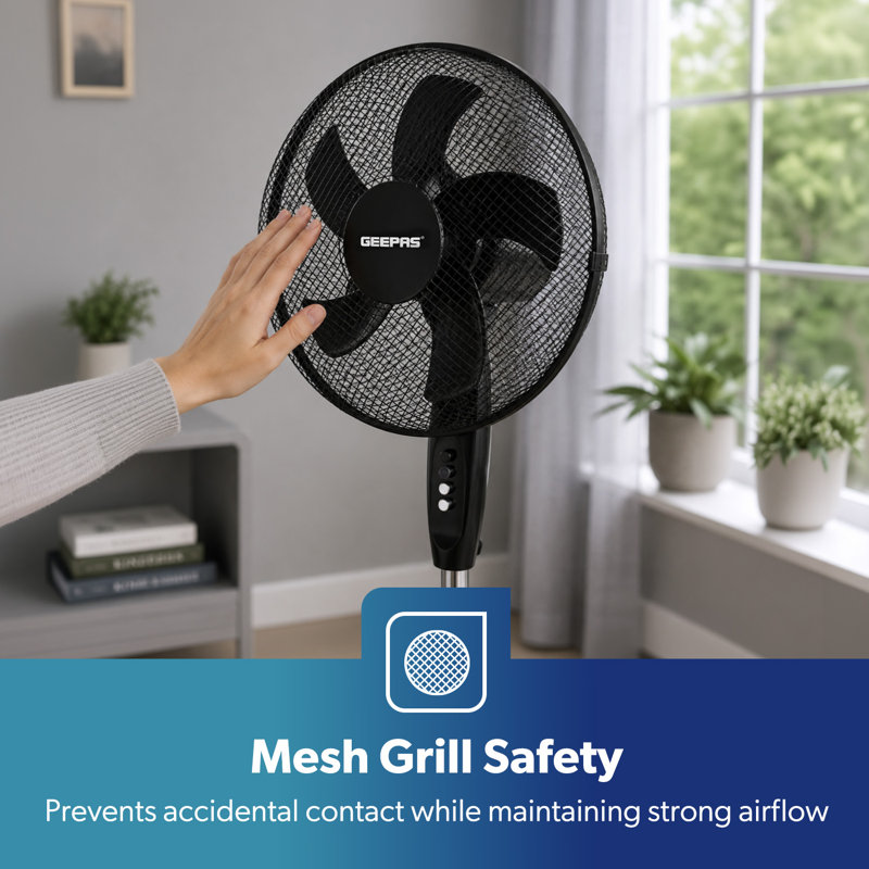 GEEPAS 16” Pedestal Free Standing Cooling Fan | 3 Speeds 5 Blades Wide Angled Oscillation Pivoting Head & Adjustable Height | Powerful Airflow Floor Fan | Home Office Use, 1 Year Warranty 45W