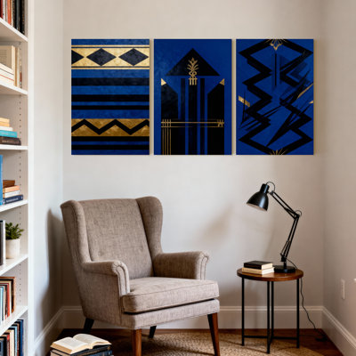 Abstrait art déco géométrique bleu et or, ensemble de 3 impressions murales sur toile