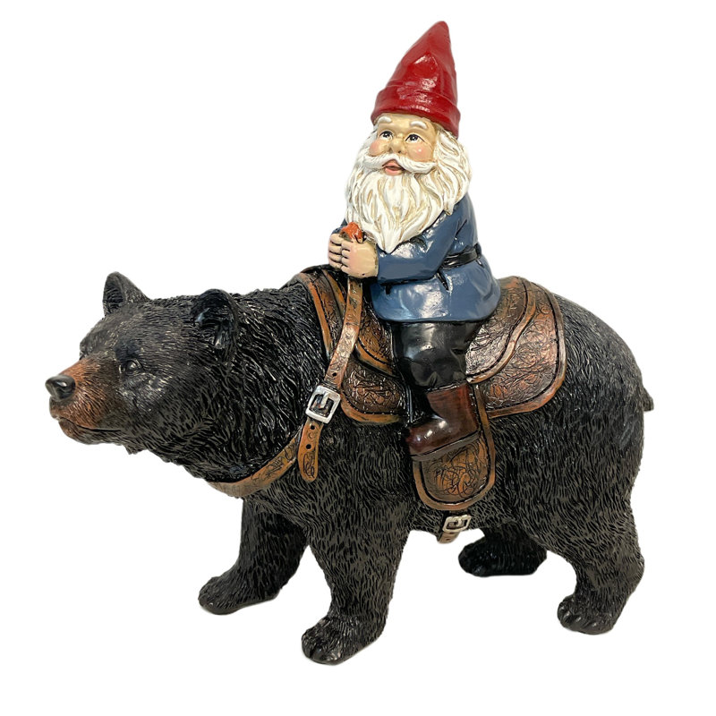 Statue de jardin fantaisiste en résine gnome chevauchant un ours