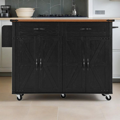 53.5" Farmhouse Kitchen Island With Power Outlet, Kitchen Storage Island With Drop Leaf, Spice Rack And Drawer, Rolling Kitchen Cart On Wheels, For Home, Kitchen And Dining Room