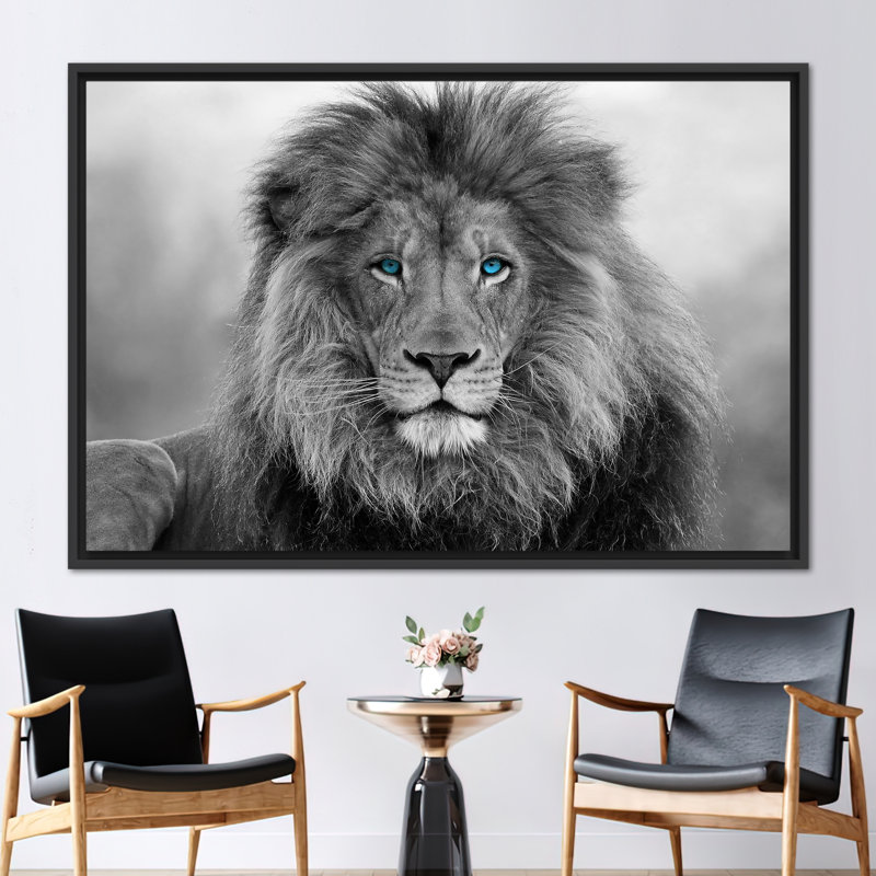 Art mural lion majestueux aux yeux bleus - Toile animalière pour loft et décoration moderne, H 41 po x l 94 po, Noir