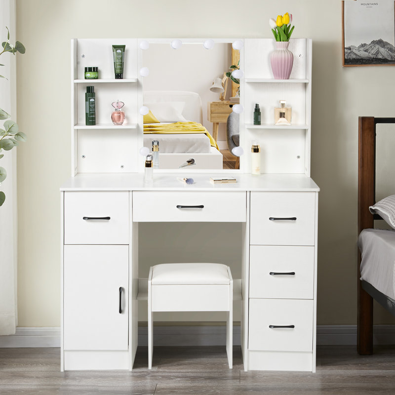 White Vanity Table Makeup Table With Stool Set With LED Lighted Mirror