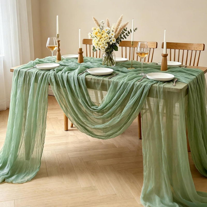 Chemin de table 6 pièces vert sauge, 10 pi chemin de table rustique vert Boho Gauze pour printemps Pâques