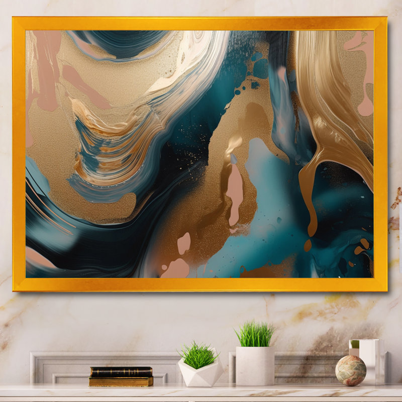 Or et vert marbré Euphoria II - impression sur toile de marbre abstrait, Cadre doré simple, H 34 po x l 44 po x P 1,5 po