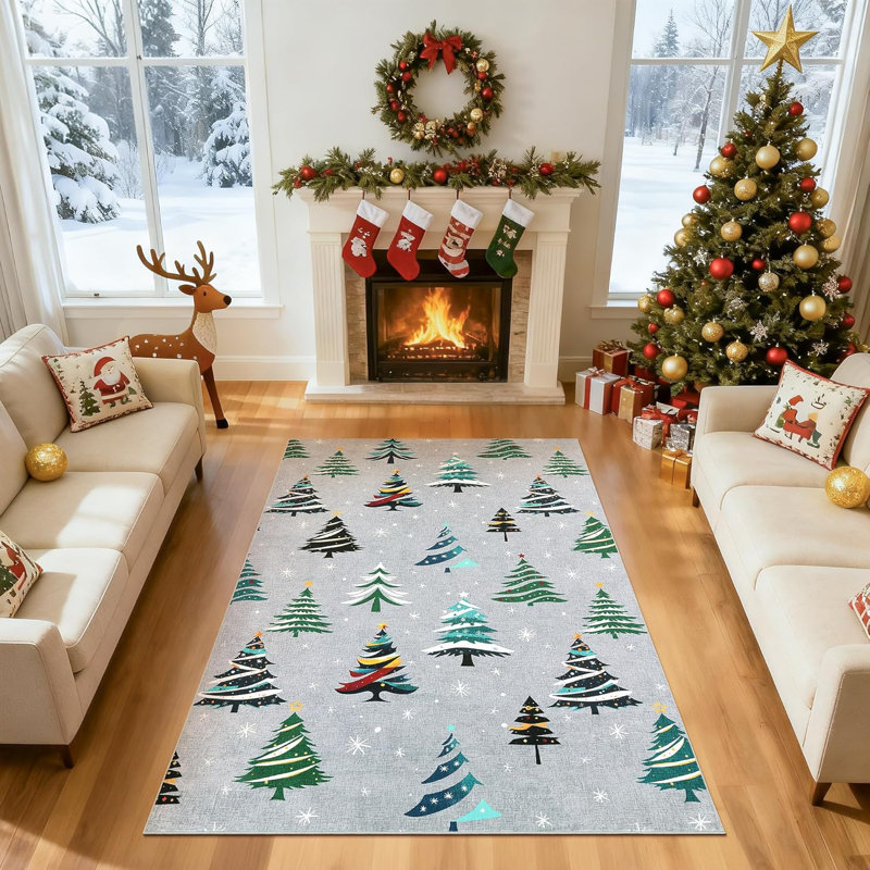 Christmas Tree Non-Slip Washable Low Pile Area Rug, Holiday Decor Living Room Rug, Xmas Design, Rectangle 4' x 6'