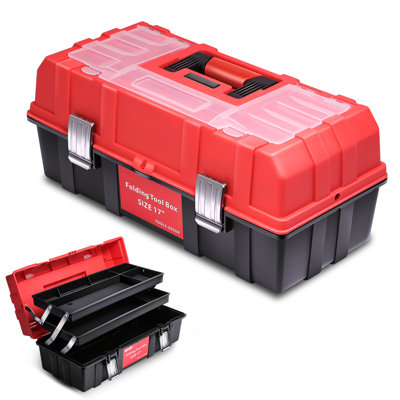17" Plastic Tool Box, 3-Layer Portable Folding Toolbox Tool Chest Organizer with Handle for Garage Workshop